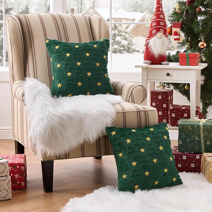 MIULEE Christmas Pillow Covers 20x20 Inch Set of 2, Dark Green Christmas Tree Plush Faux Fur Pillowcases Soft Decorative Throw Pillow Cases for Couch Sofa Living Room Winter Xmas Holiday Home Decor
