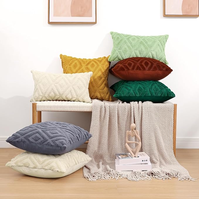 Pallene Beige Throw Pillow Covers 16x16 Set of 2, Soft Plush Faux Fur Decorative Couch Pillow Covers for Sofa Bed Living Room Pillow Cases with 3D Diamond Pattern