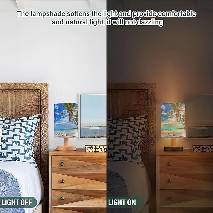 Table Lamp Tropical Beach White Sand Coconut Palm Tree Clear Blue Sky Ocean Nightstand Lamp with Wood Base Fabric Lamp Shade Bedside Desk Lamp for Living Room Bedroom Kids Room Office