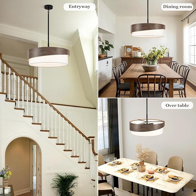 21.5'' Farmhouse Chandeliers for Dining Room Light Fixtures 5-Light Wood Grain Finish Drum Chandelier with Fabric Shade Round Rustic Pendant Lighting for Foyer Bedroom Living Room Kitchen，E26