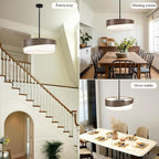 21.5'' Farmhouse Chandeliers for Dining Room Light Fixtures 5-Light Wood Grain Finish Drum Chandelier with Fabric Shade Round Rustic Pendant Lighting for Foyer Bedroom Living Room Kitchen，E26