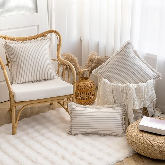 Throw Pillow Covers 18x18 Set of 2 Striped Fringe Pillow Cover Farmhouse Cushion Covers with Tassel Neutral Boho Pillows Decorative Square Pillowcase for Couch Sofa Bed, Khaki
