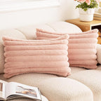 Double-Sided Faux Fur Plush Throw Pillow Covers 12x20 Set of 2 Fuzzy Striped Soft Cozy Pillowcase Luxury Decorative Pillows Rectangle Shaggy Cushion Covers for Couch Sofa Bed,Pink