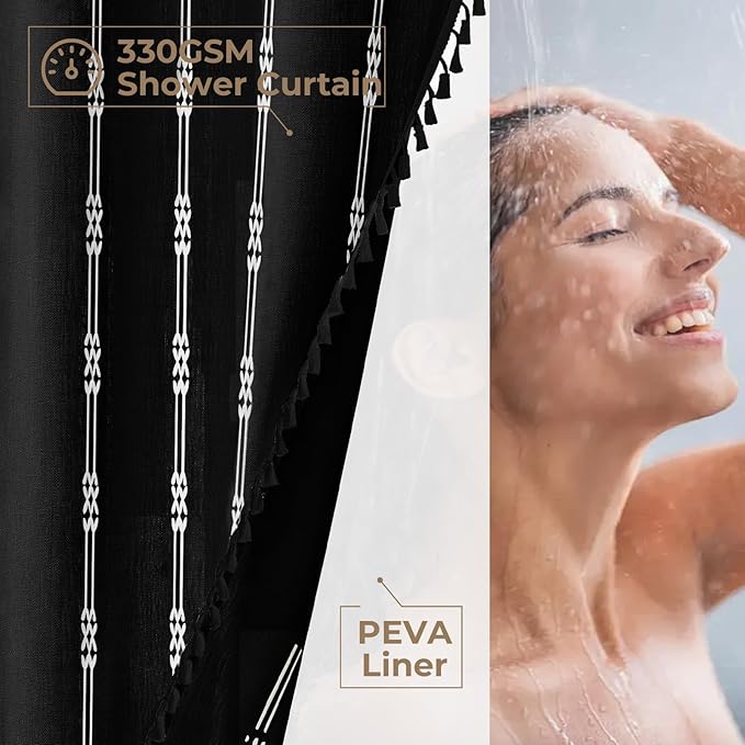 downluxe Linen Texture 3 in 1 Farmhouse Shower Curtain Set with Tassel, Boho Fabric Shower Curtains for Bathroom, Black, 72W x 78L