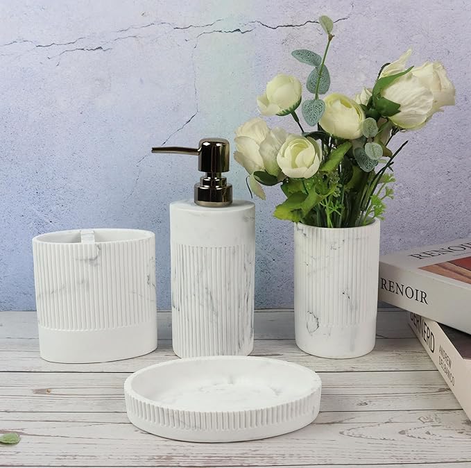 Hymmah Marble Bathroom Accessories Set,Farmhouse Bathroom Decor,4 Pcs Resin Gift Set Apartment Necessities, Contain Cotton Swab Jar,Soap Dispenser,Tumbler，Soap Dish/Tray