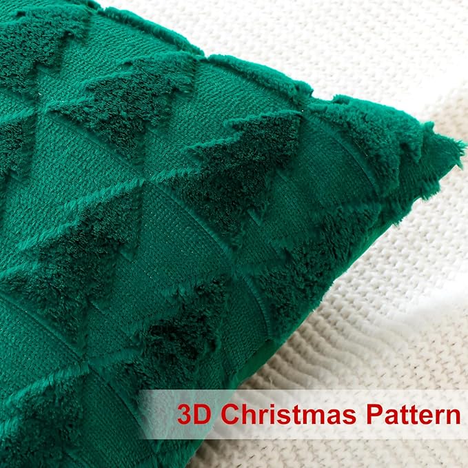 OTOSTAR Set of 2 Xmas Soft Plush Short Wool Velvet Decorative Throw Pillow Covers Square Luxury Style Cushion Case Pillow Shell for Sofa Bedroom Christmas Tree Green, 28x28 Inch