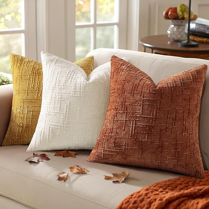 decorUhome Fall Rust Chenille Throw Pillow Covers 26x26 Set of 2 Thick Textured Slubby Couch Pillow Covers Farmhouse Accent Modern Neutral Decorative Pillow Cases for Bed Sofa Living Room