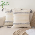 Boho Throw Pillow Covers 18x18 Set of 2 Woven Tufted Farmhouse Pillows Cover with Tassels Textured Striped Cushion Case Neutral Pillow Cases Decorative Pillowcase for Sofa, Couch, Bed, Light Grey