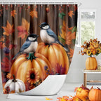 Fall Thanksgiving Pumpkin Shower Curtains for Bathroom, Rustic Autumn Bird Halloween Thanksgiving Shower Curtain Set Country Famrhouse Bath Curtain with 12 Hooks, 72x72 Orange Fabric Polyeste