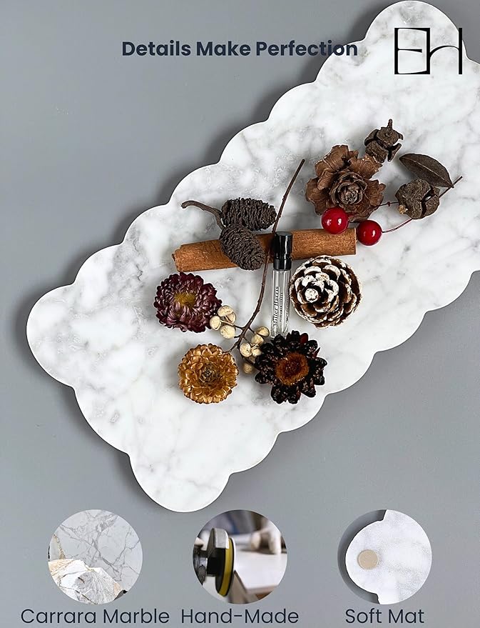 Natural Marble Tray, 12 x 6 inches Serving Board, Bathroom Organizers and Storage, Scallop Stone Present for Home Kitchen Vanity Countertop Decor (Marble, Carrara White)