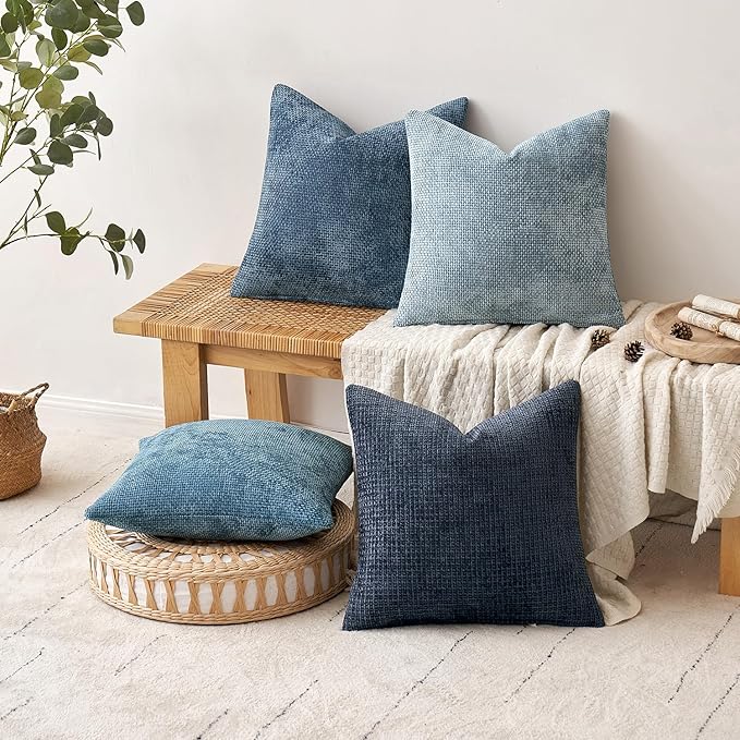 MIULEE Pack of 4 Couch Throw Pillow Covers 18x18 Inch Neutral Blue Soft Decorative Chenille Pillow Covers Farmhouse Accent Cushion Covers for Boho Western Home Coastal Decor Sofa Bedroom Living Room