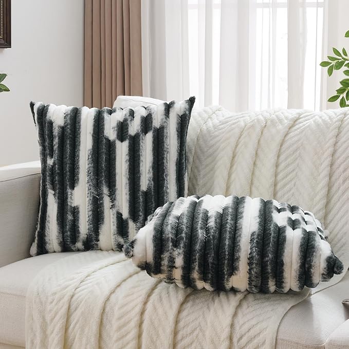 FUTEI Black Decorative Throw Pillow Covers 26x26 Inch Set of 2, Soft Tie-Dye Faux Rabbit Fur Striped Texture Euro Pillow Sham, Modern Home Decor for Couch Bed Living Room