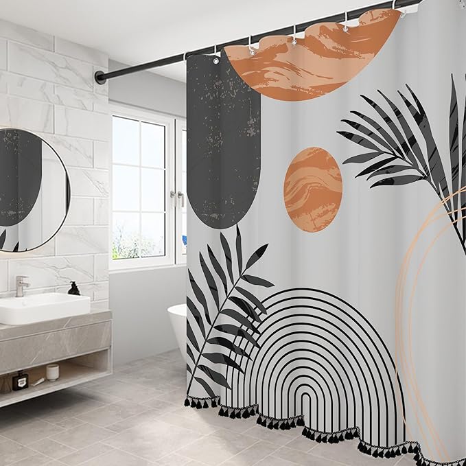 Boho Mid Century Leaf Shower Curtain Set,Arch Sun Design,Minimalistic Leaves Pattern,Waterproof and Luxurious Fabric-12 Hooks(Grey-72" x 96")