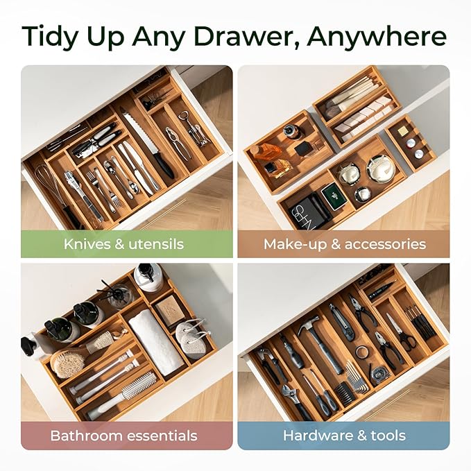 Carbonized Bamboo Kitchen Drawer Organizer, 5 Slots Expandable Silverware Organizer, Utensil Holder & Cutlery Tray, 2.2" Deep for Extra Capacity, Non-Slip Feet Included