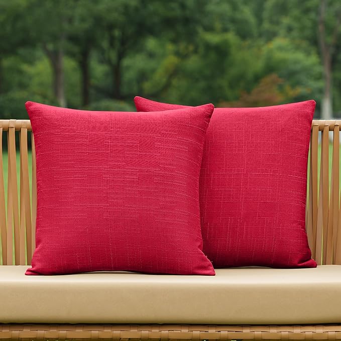 NiNi ALL Pack of 2 Decorative Outdoor Waterproof Pillow Covers Square Garden Linen Textured Cushion Sham Throw Pillowcase Set of 2 for Patio Farmhouse Garden Tent Couch 22x22 Inch Red