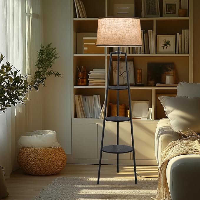 3 Tier Shelf Floor Lamps for Living Room, Modern Standing Lamp with 3 Color Temperature Led Bulb, Tall Lamps for Bedroom and Office, Black
