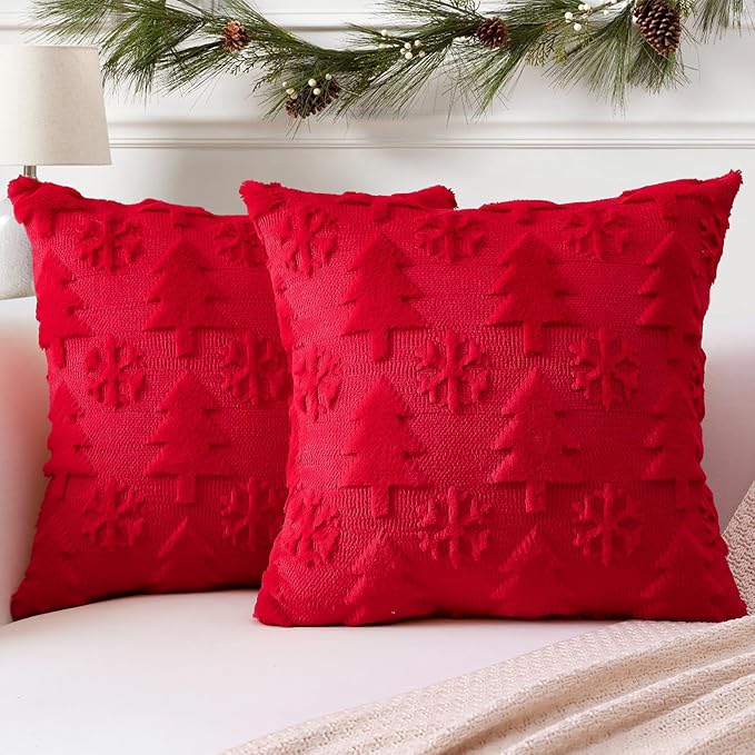 OTOSTAR Set of 2 Xmas Soft Plush Short Wool Velvet Decorative Throw Pillow Covers Square Luxury Style Cushion Case Pillow Shell for Sofa Bedroom Tree and Snowflake Red, 20x20 Inch