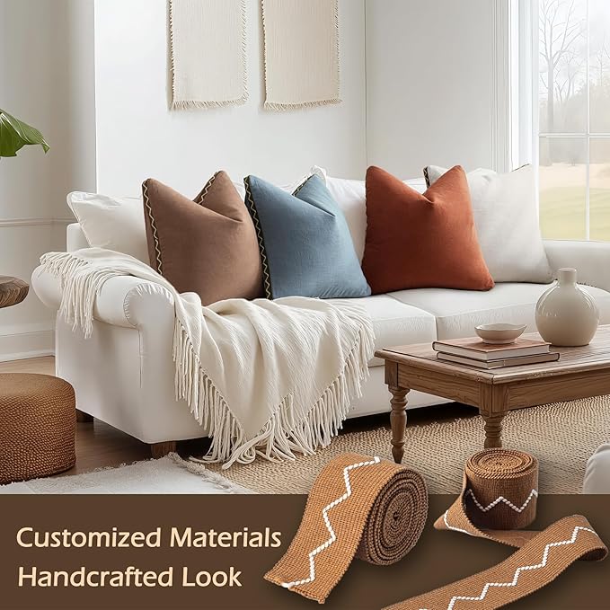 Decorative Neutral Linen Throw Pillow Covers 18x18 Inch Set of 2, Cream White Boho Farmhouse Pillow Covers with Braid Fringe for Sofa Bed Modern Couch Pillow Cases for Organic Home Decor