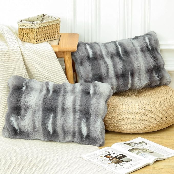 MADIZZ Pack of 2 Thick Plush Wool Throw Pillow Covers 12x20 Inch Dark Grey Soft Neutral Decorative Throw Pillows Accent Boho Cushion Covers for Couch Sofa Bedroom Pillow Shell