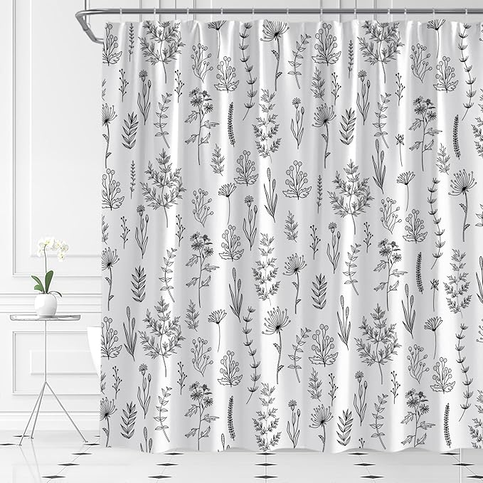 Black White Botanical Shower Curtain Boho Floral Farmhouse Neutral Cute Leaves Plant Retro Flowers Bathroom Curtain Set with Hooks(70" WX70 H)