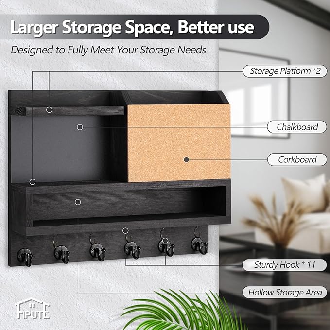Key Holder for Wall Mount with Mail Organizer, Farmhouse Key Holder for Wall with Shelf, Chalkboard&Corkboard, Entryway Organizer 11 Metal Hooks, Decorative Natural Pine Wood, 14.6*11.1*3.3”, B-Black