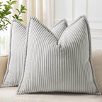 decorUhome Corduroy Grey Throw Pillow Covers 20x20 Set of 2 Decorative Soft Boho Farmhouse Euro Couch Pillow Covers for Living Room Bed Sofa Broadside Striped Pillow Cases