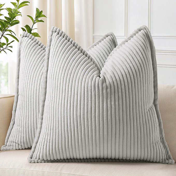 decorUhome Corduroy Grey Throw Pillow Covers 20x20 Set of 2 Decorative Soft Boho Farmhouse Euro Couch Pillow Covers for Living Room Bed Sofa Broadside Striped Pillow Cases