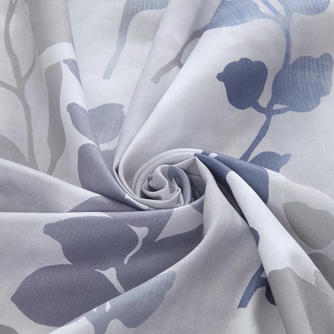 90 Inch Fabric Shower Curtain, Extra Long Gray and Blue Botanical Branch Leaf Print Shower Curtains for Bathroom, 72" W x 90" H