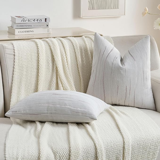 FUTEI Grey Chenille Decorative Throw Pillow Covers 12x20 Inch Set of 2,Soft Embossed Striped Textured Lumbar Pillow Cases,Modern Home Decor for Couch Bed Living Room