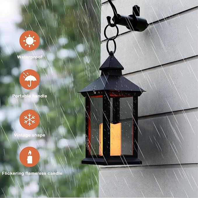 Christmas Lanterns Decorative Indoor, 2 Packs 14" Battery-Powered Waterproof Black LED Candle Lanterns with Timer for Patio & Outdoor, Vintage Hanging Lantern for Home Decorations, Transparent