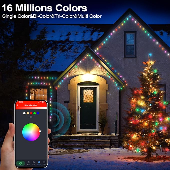 Christmas Outdoor Lights C9 33FT 50 LEDs, Smart APP Remote Control RGB String Lights Plug in, DIY Chasing Xmas Lights, Color Changing with Timer & Music Sync for Holiday Xmas Tree Decoration