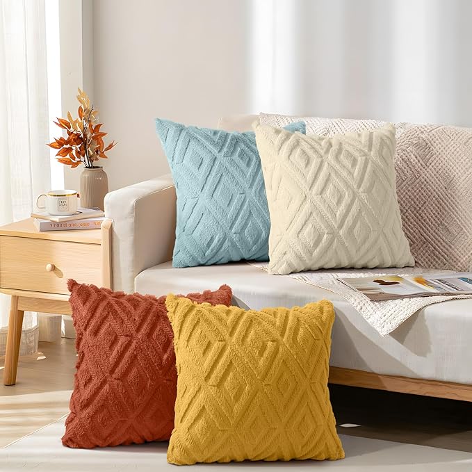 decorUhome Pack of 4 Faux Fur Throw Pillow Covers 18x18, Soft Decorative Couch Pillow Covers with Velvet Back for Modern Sofa Living Room, Yellow/Rust