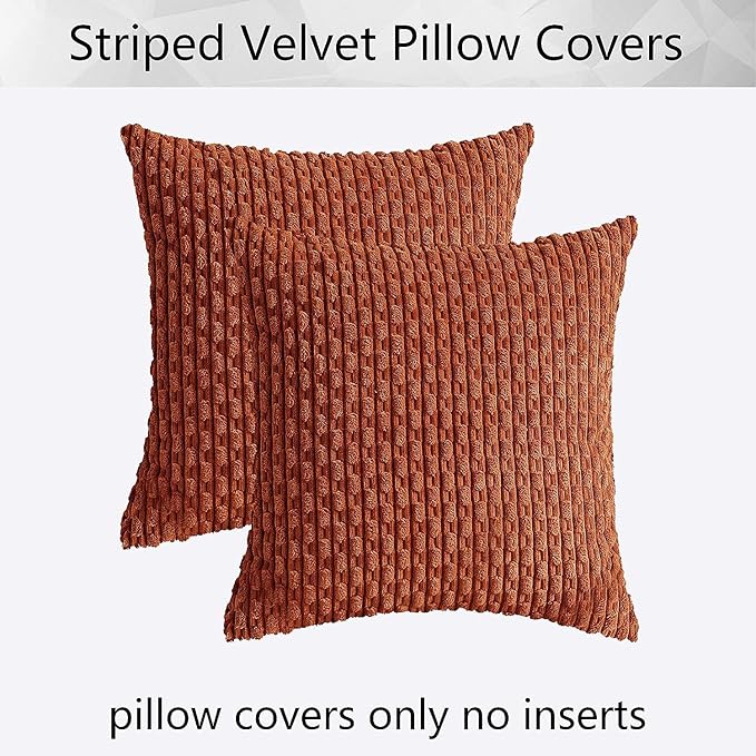 Kevin Textile Fall Pack of 2 Corduroy Decorative Throw Pillow Covers 22x22 Inch Soft Boho Striped Pillow Covers Modern Farmhouse Home Decor for Sofa Living Room Couch Bed Rust