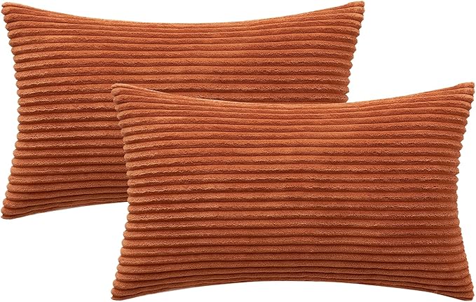 MIULEE Pack of 2 Rust Pillow Covers 12x20 Inch Soft Boho Striped Corduroy Throw Pillow Covers Set Decorative Square Cushion Cases Pillowcases for Sofa Bedroom Couch