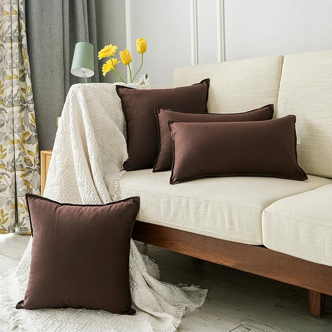 Jeanerlor Cotton Linen Square Decorative Throw Pillow Case Cushion Cover with Twin Needles Stitch on Edge, 12"x20"(30 x 50cm), 2 Pcs, Brown
