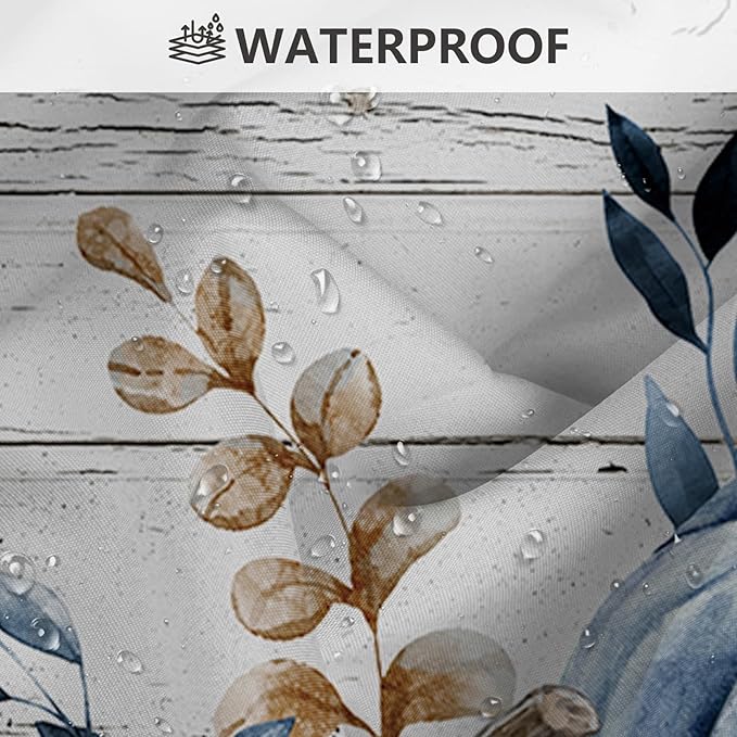 MEHOFOND 4pcs Fall Pumpkin Shower Curtain Set,Autumn Watercolor Blue White Pumpkin Shower Curtain Set,Farmhouse Eucalyptus Leaves Rustic Wood Bathroom Decor,Thanksgiving Holiday Curtains Set 72x72 in