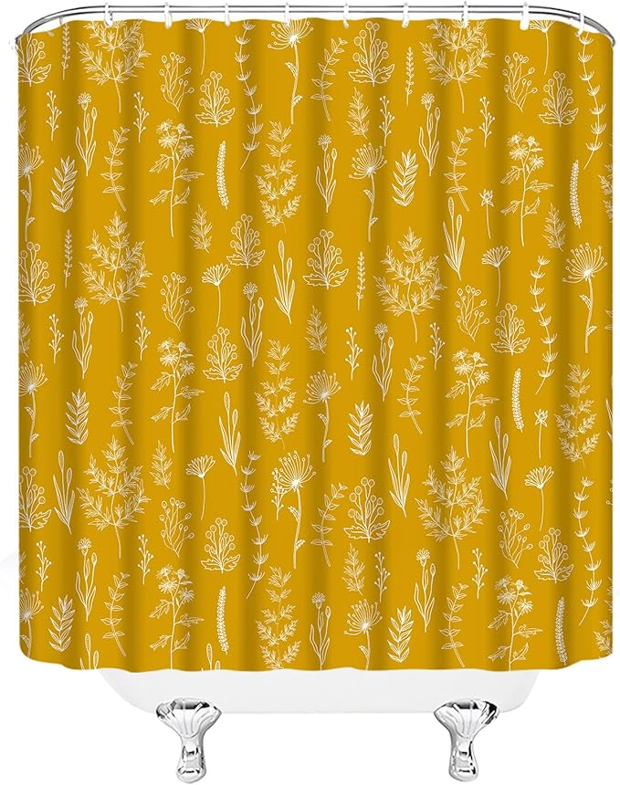 Yellow Herbs Shower Curtain Boho Floral Retro Botanical Vintage Farmhouse Cute Leaves Plant Flowers Bathroom Curtain Set with Hooks(59" Wx70 H)