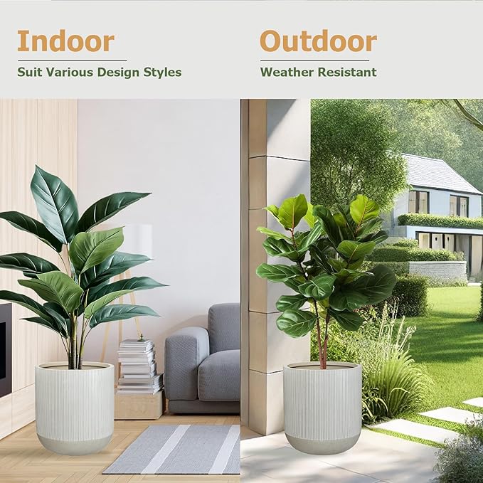 18.7" H x 16.9" D Ribbed Radius Fiberstone Round Planter with Drainage Hole, Weather Resistant for Indoor and Outdoor Use, Included 2 Extra Coco Mats (Frost Grey, 15" Pot Opening)