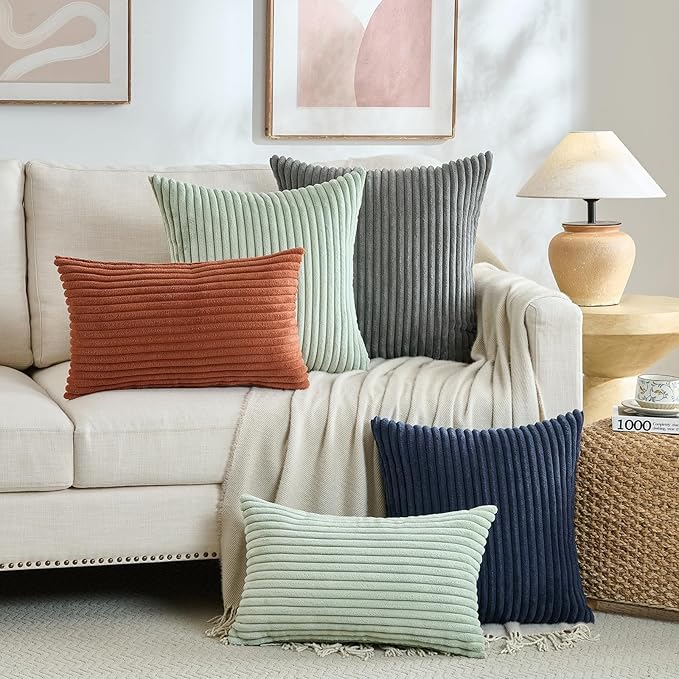 Fancy Homi Set of 2 Navy Blue Boho Lumbar Decorative Throw Pillow Covers 12x24 Inch for Couch Bed Chair, Aesthetic Modern Bohemian Room Decor, Soft Fluffy Corduroy Rectangle Cushion Case 30x60cm