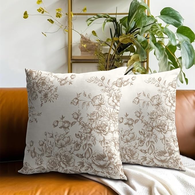 Vintage Flowers Pillow Covers 20x20 Inch, Set of 2 Grandmillennial Brown Tan Floral Throw Pillowcases with Zipper Square Cushion Cover for Couch Sofa Bed Indoor Outdoor Home Decor