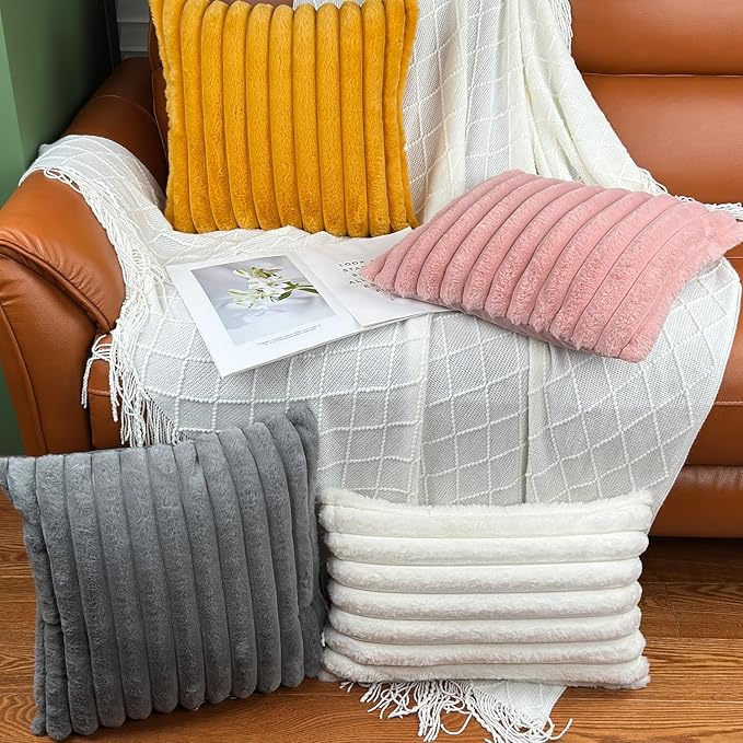 12x20 Throw Pillow Covers Set of 2, Decorative Faux Fur Covers for Bed, Couch Soft Fluffy Pillow Cover with Velvet Back for Living Room, Neutral Home Décor Accent for Sofa - Cream White