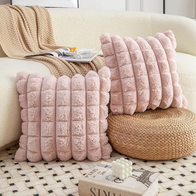 Neelvin Pink Faux Fur Cozy Soft Plaid Decorative Throw Pillow Covers 18x18 inch Set of 2,Velvet Pillowcase Cushion Case for Sofa Couch
