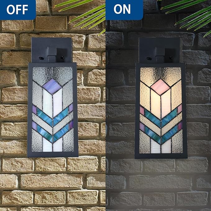 WL0012 Tiffany Style Outdoor Light Fixutres Stained Glass Wall Sconce Exterior Waterproof Wall Lantern Light for Balcony Aisle Hallway W 7X D 6.5 x H 13.5 Inches, Bulb Included (Prismara)