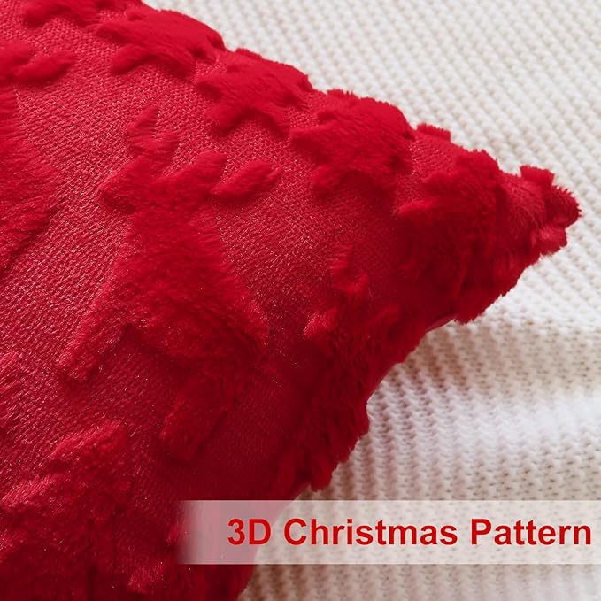 OTOSTAR Set of 2 Xmas Soft Plush Short Wool Velvet Decorative Throw Pillow Covers Square Luxury Style Cushion Case Pillow Shell for Sofa Bedroom Christmas Tree and Elk Red, 18x18 Inch