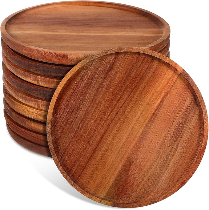 Rtteri 10 Pieces Acacia Round Wood Plates 14 x 1 Inch Dinner Plates Wooden Charger Platter Bulk Easy Cleaning Lightweight Serving Tray for Dishes Snack Dessert