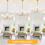 Farmhouse Chandelier, Gold Modern Dining Room Light Fixture with White Fabric Shade, 5-Light Height Adjustable Industrial Pendant Island Light Fixture for Foyer Entryway Hallway Kitchen Bedroom