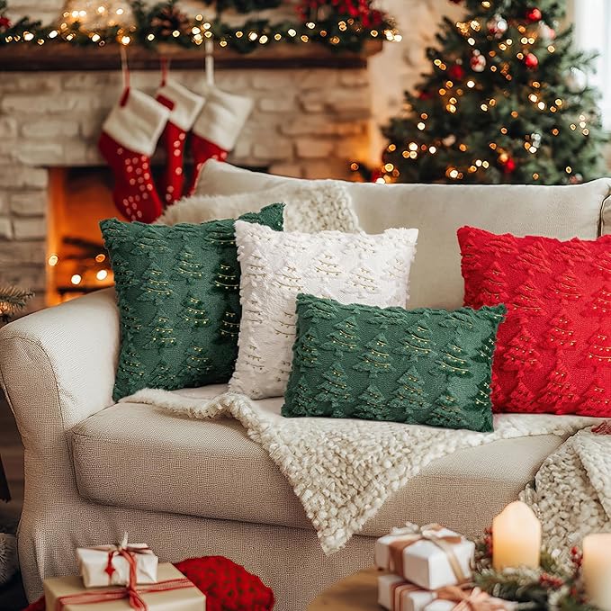 AQOTHES Christmas Tree Decorative White Throw Pillow Covers 20x20 Set of 2, Faux Fur Farmhouse Throw Pillows Cushion Cases for Xmas Winter Holiday Home Decor