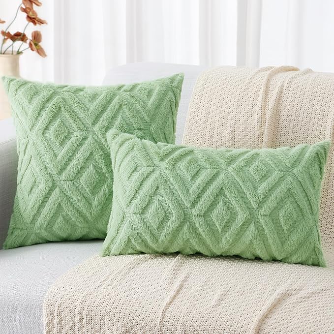 decorUhome Couch Throw Pillow Covers 20x20 Set of 2, Decorative Soft Plush Faux Wool Neutral Accent Pillow Covers for Bed Sofa Living Room, Sage Green