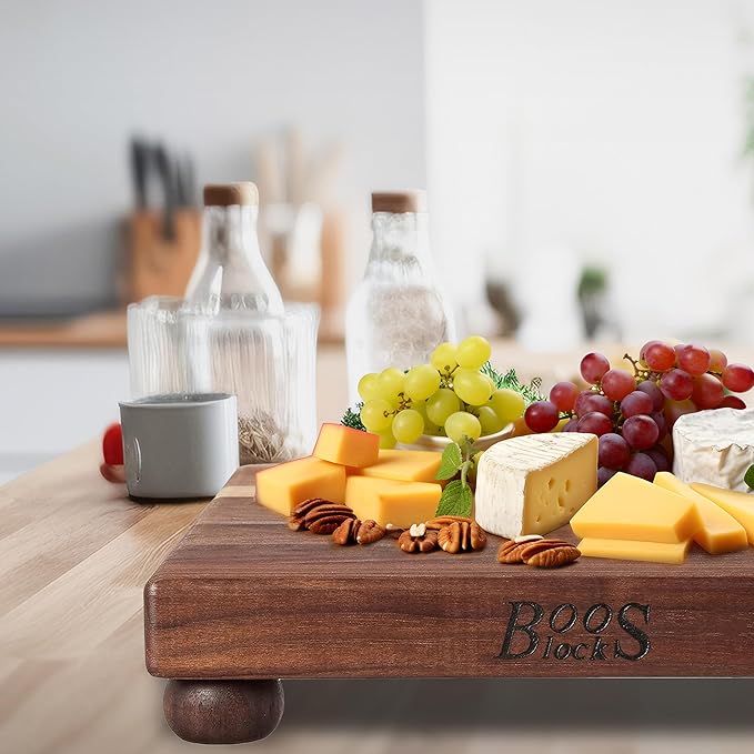 John Boos B Series Square Wooden Walnut Cutting Board 12”x12” – 1.5” Thick, 5-lb Non-Reversible Butcher Block with Wood Bun Feet & Edge-Grain