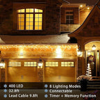 32.8ft 400 LED Icicle String Lights, 8 Modes Waterproof Icicle Christmas Lights Outdoor with Memory Function, Curtain Fairy Lights Hanging Decor for Home, Party, Christmas & Halloween (Warm White)